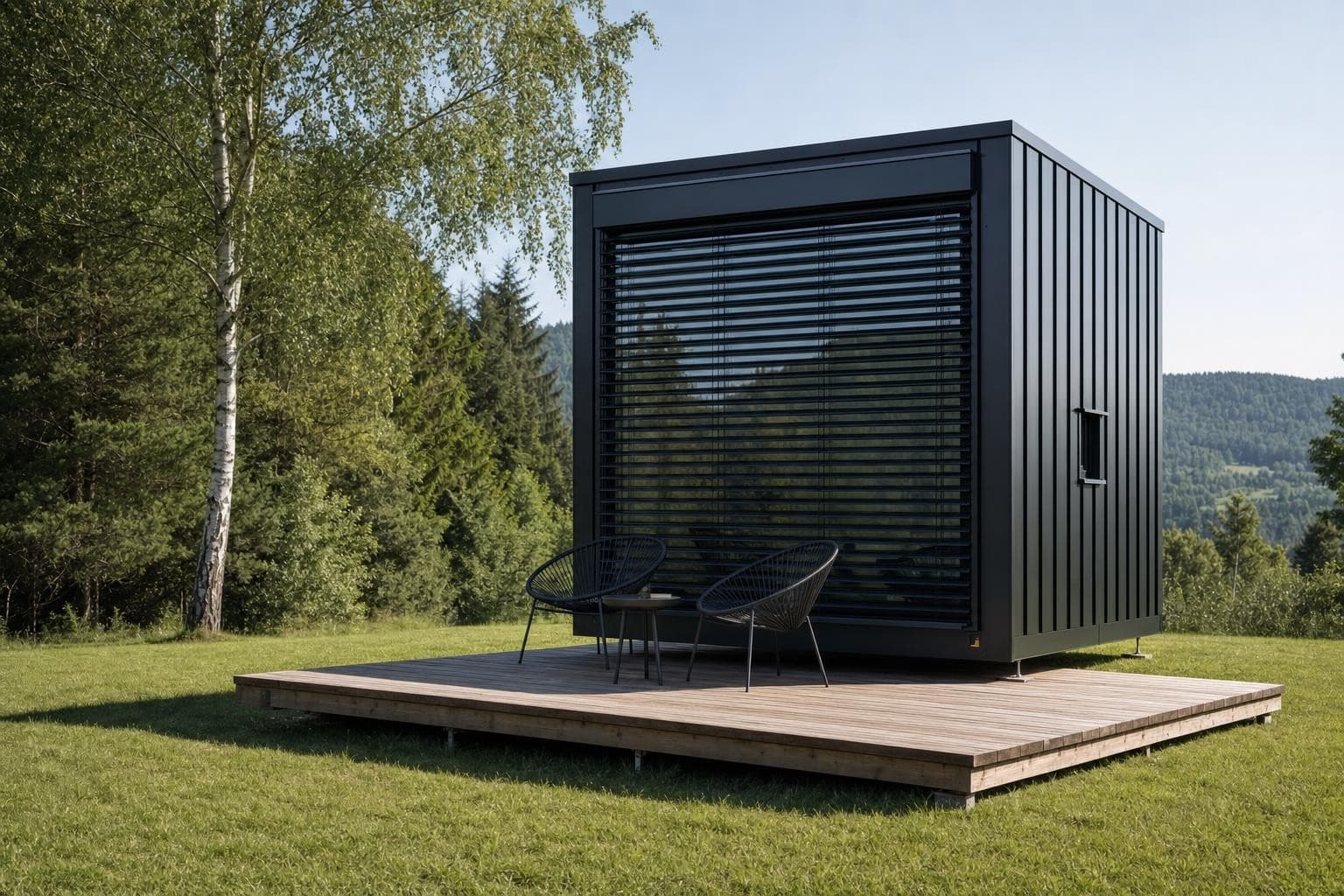 Černý kubický tiny house Mech s dřevěnou žaluziovou stěnou na kraji lesa